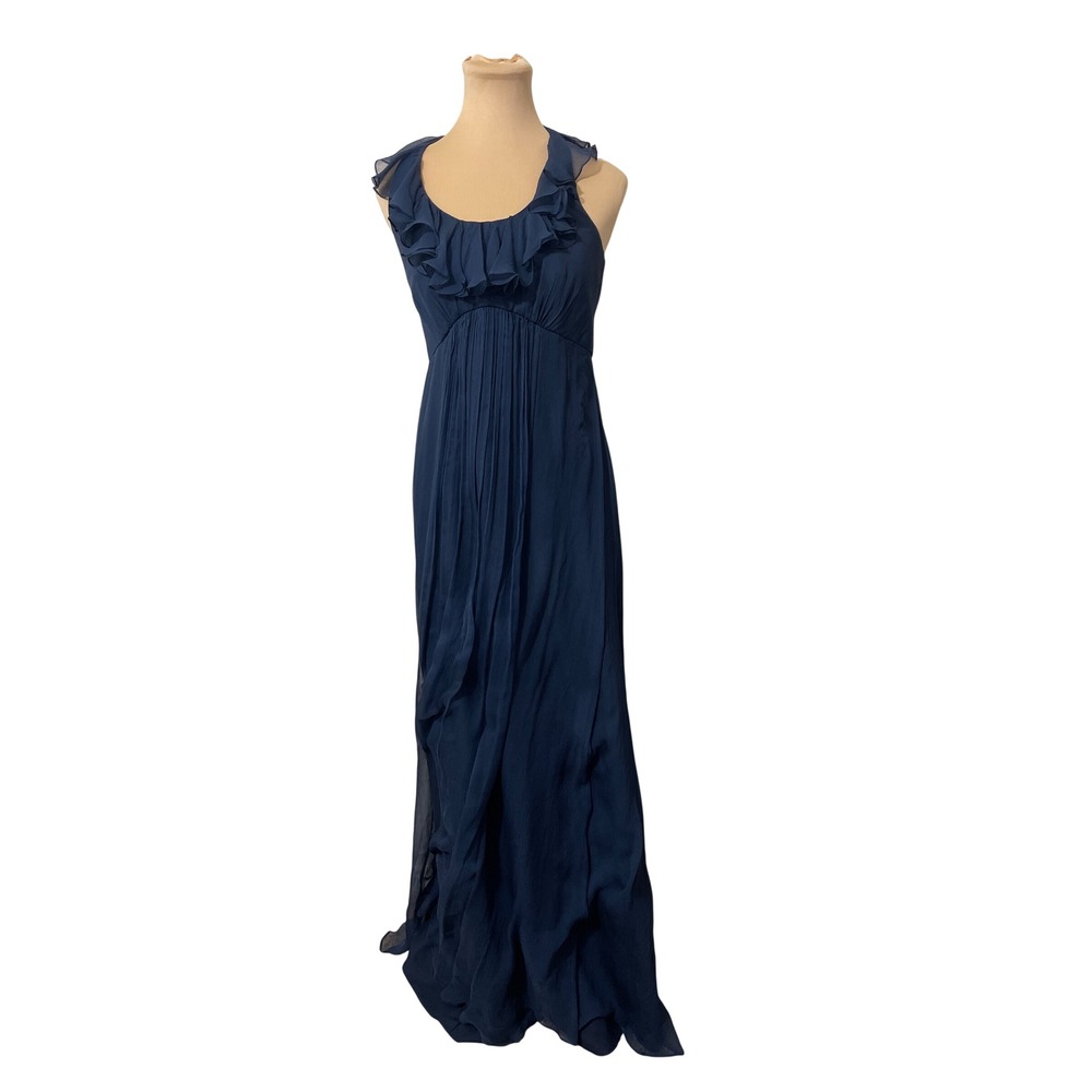 Amsale Silk Ruffle Halter Maxi Dress‎ 4 Navy Blue Regencycore Whimsigoth Formal